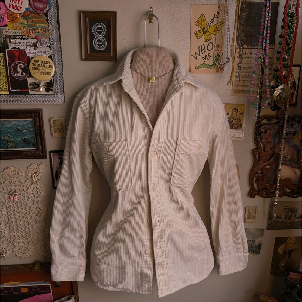 Uniqlo Corduroy Button Up Work Shirt Unisex Men's Small White Pocketed